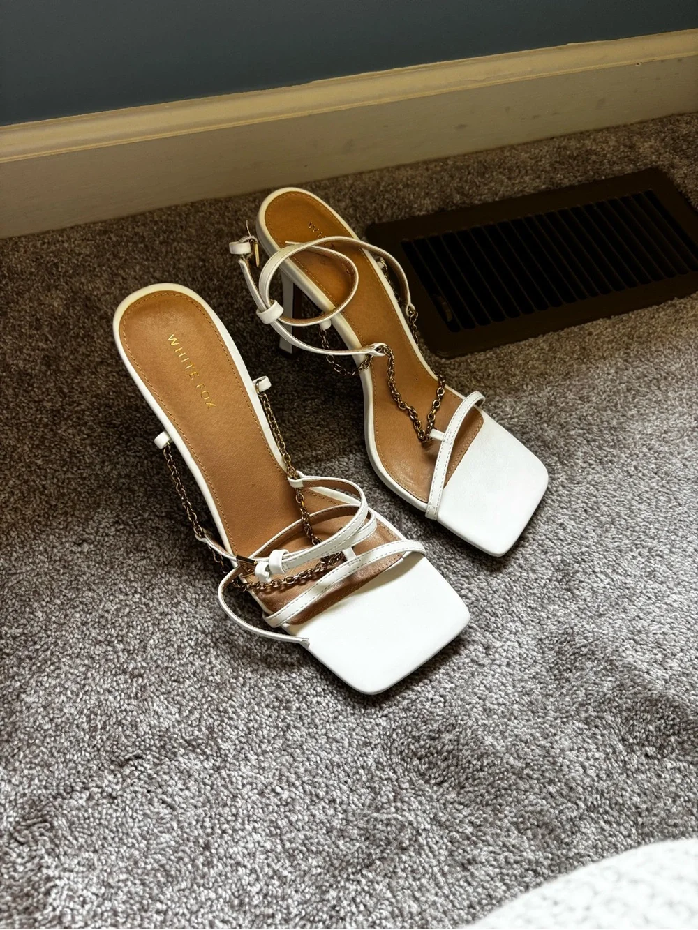 White Fox White Strappy Chain-Accent Heeled Sandals